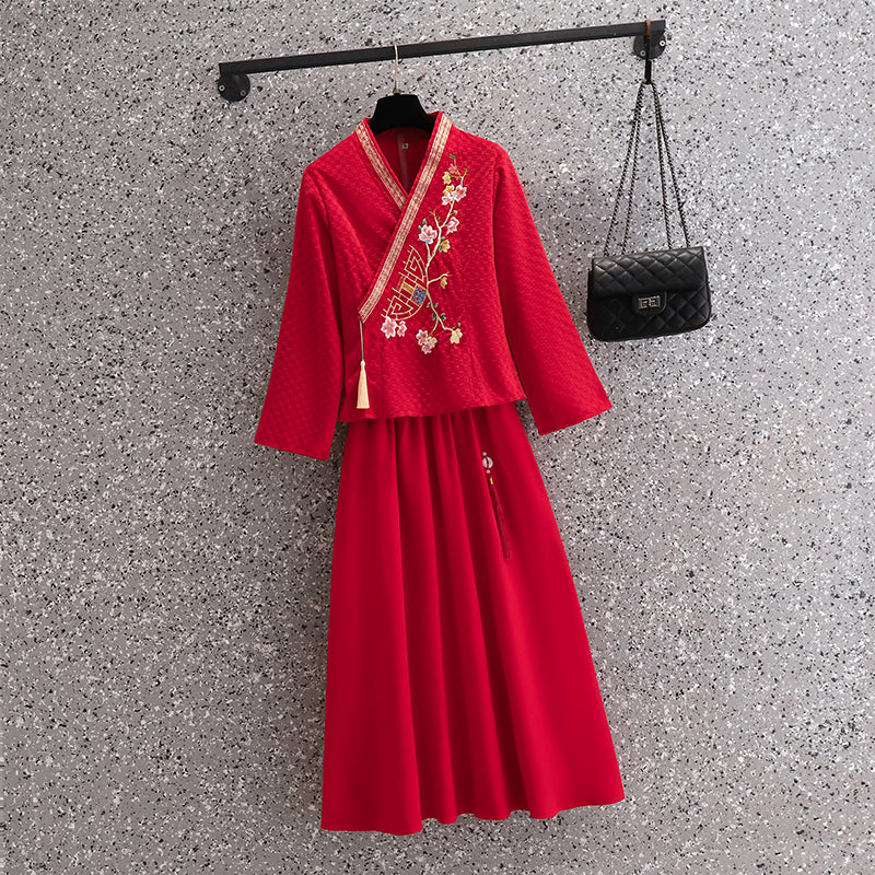 Plus size red embroidery tassel cheongsam blouse and skirt set