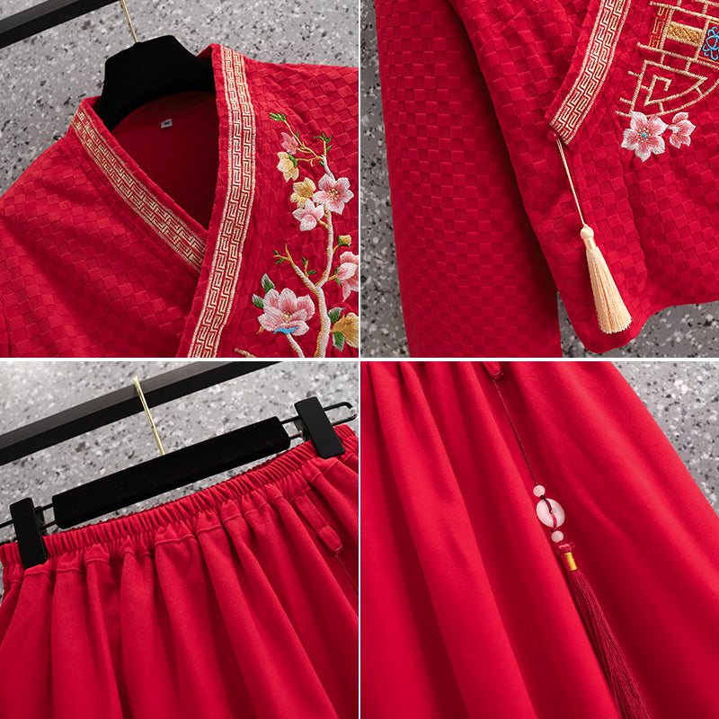 Plus size red embroidery tassel cheongsam blouse and skirt set