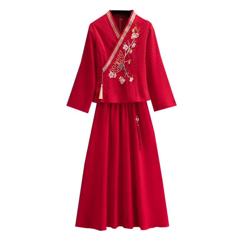 Plus size red embroidery tassel cheongsam blouse and skirt set