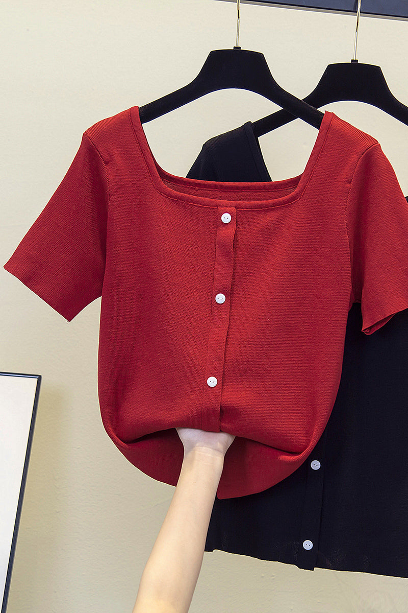Plus Size Square Neck Buttons Top