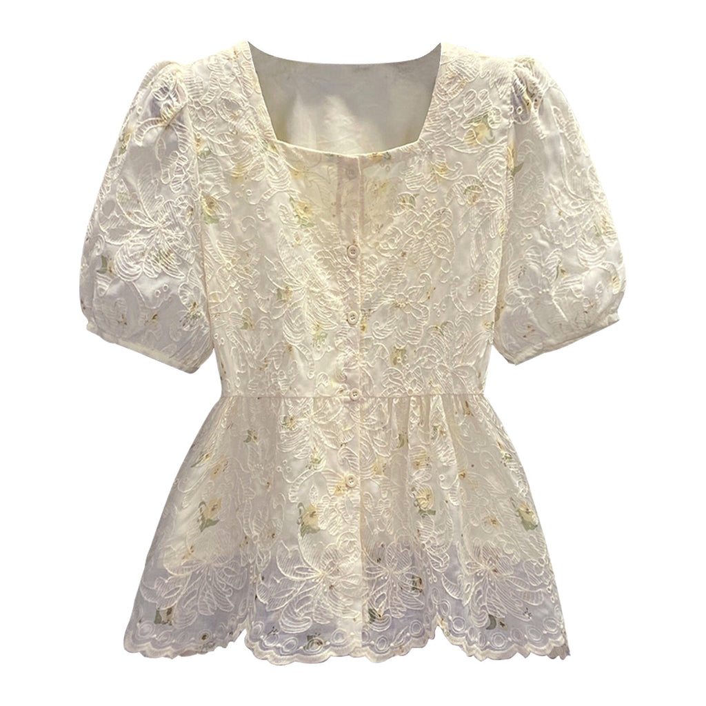 Plus Size Square Neck Lace Peplum Blouse