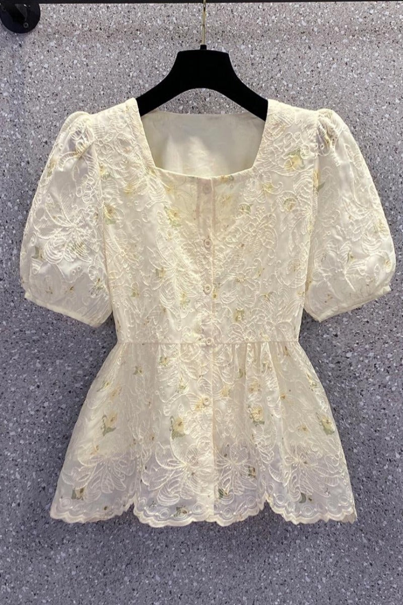 Plus Size Square Neck Lace Peplum Blouse