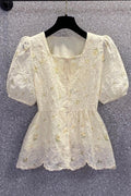 Plus Size Square Neck Lace Peplum Blouse