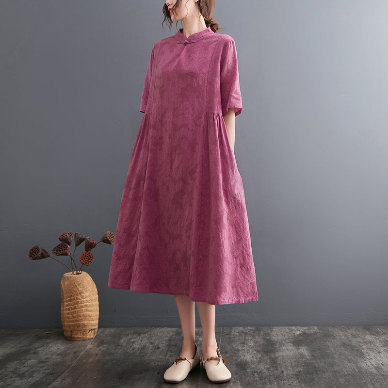 Plus Size Textured Floral Loose A Line Cheongsam Dress