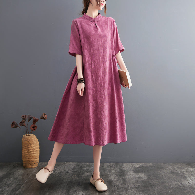 Plus Size Textured Floral Loose A Line Cheongsam Dress
