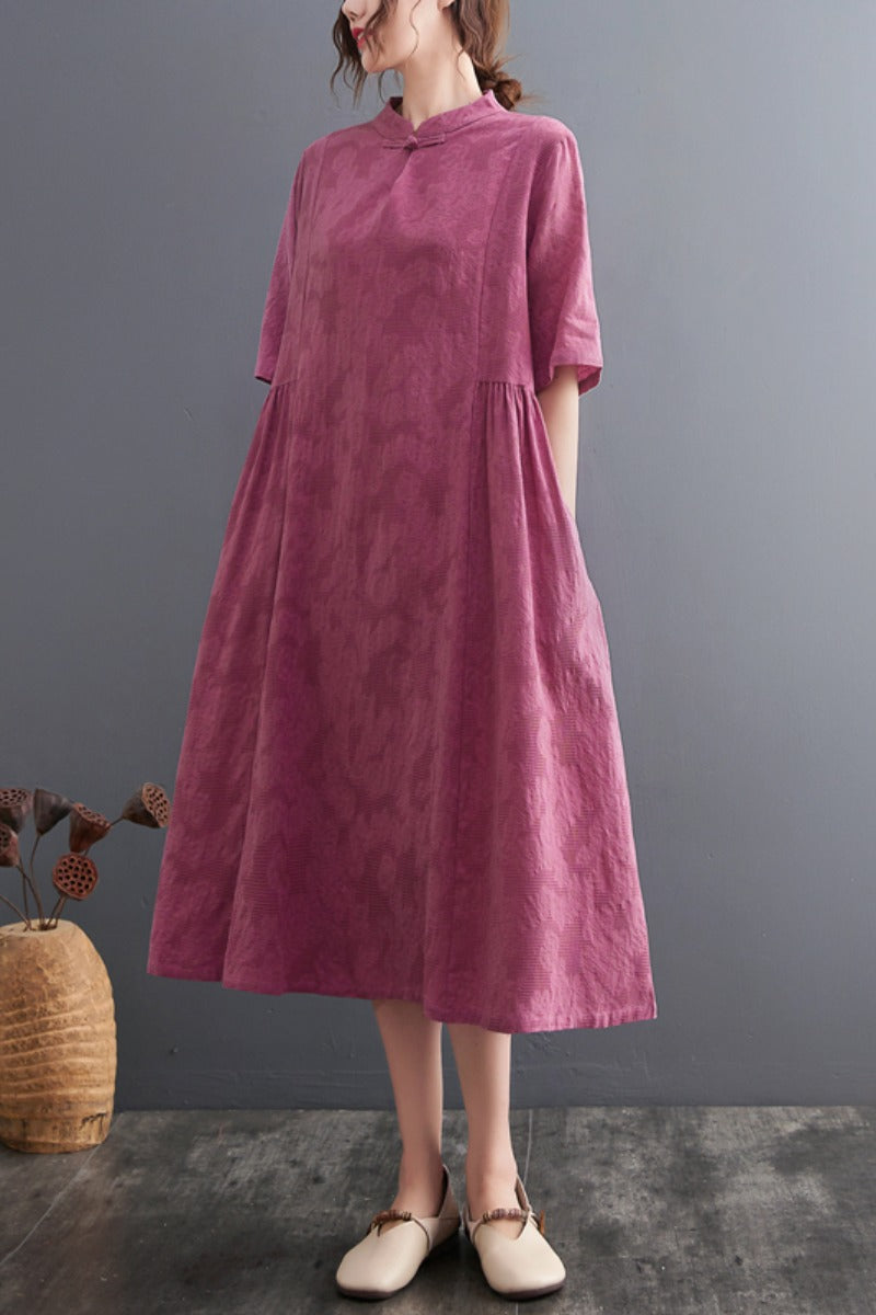 Plus Size Textured Floral Loose A Line Cheongsam Dress