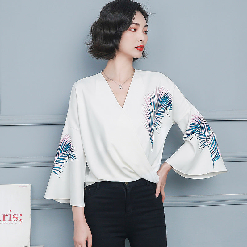 Plus size white wrap feather v neck blouse