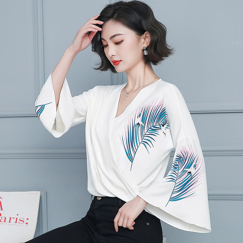 Plus size white wrap feather v neck blouse
