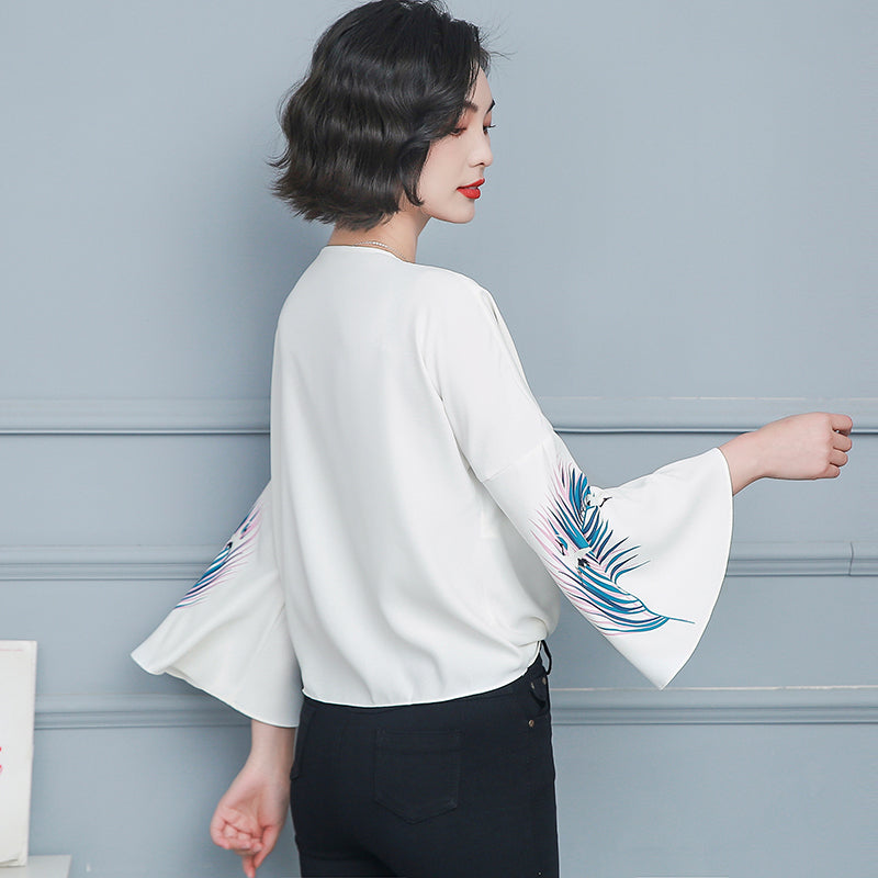 Plus size white wrap feather v neck blouse
