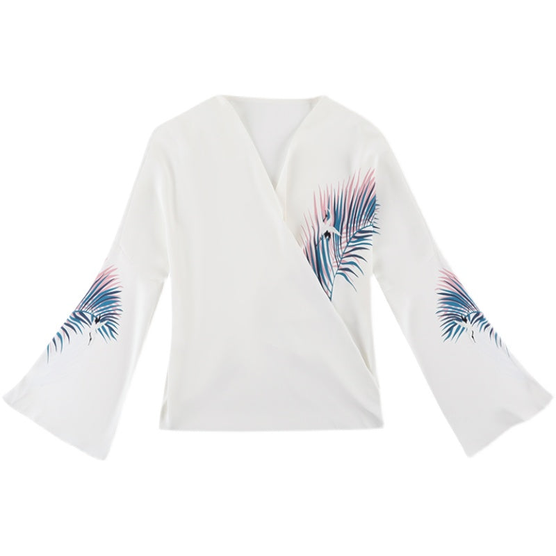 Plus size white wrap feather v neck blouse
