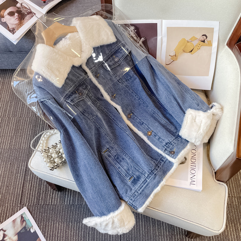 Plus size blue korean woolen denim jacket