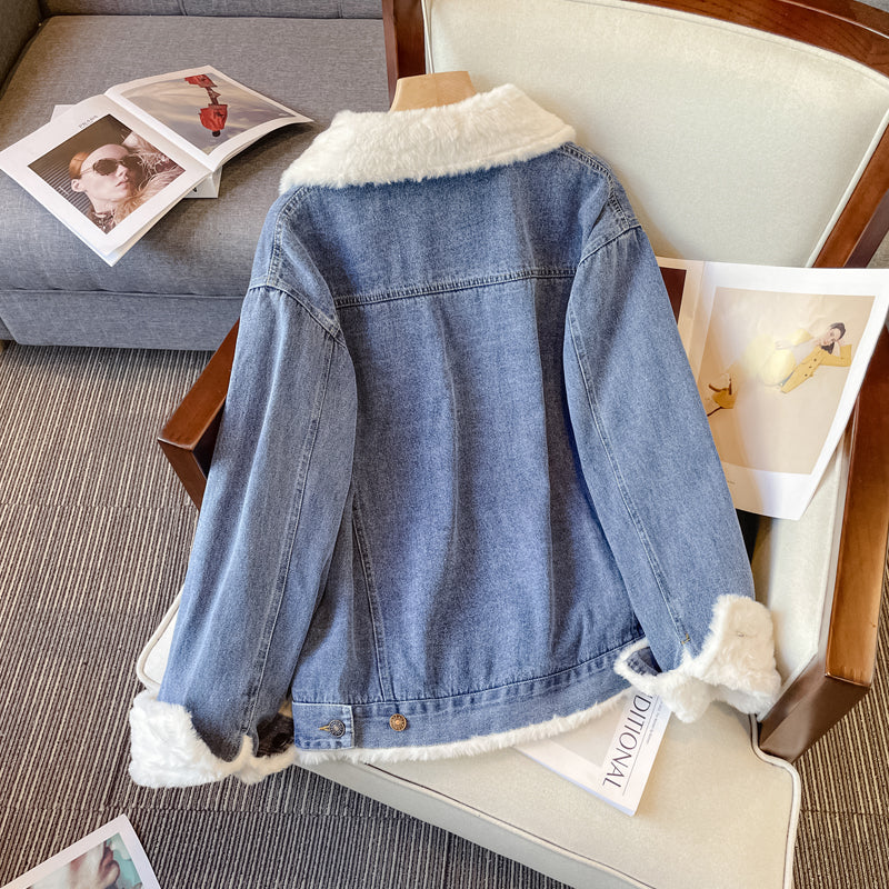 Plus size blue korean woolen denim jacket