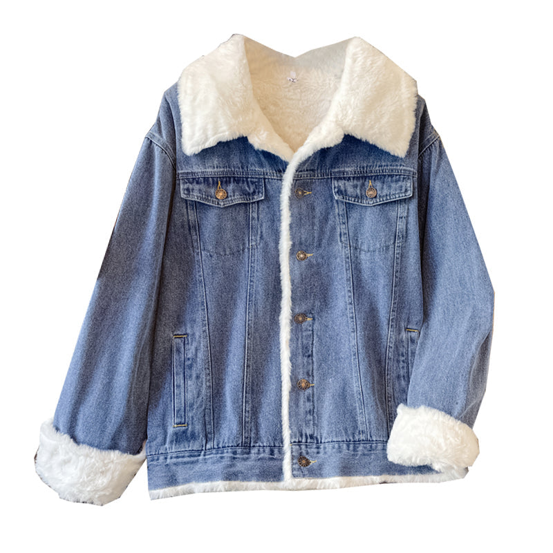 Plus size blue korean woolen denim jacket