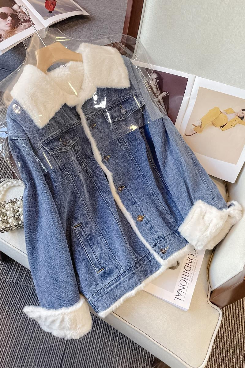 Plus size blue korean woolen denim jacket