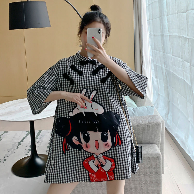 Plus size cute girl gingham cheongsam dress