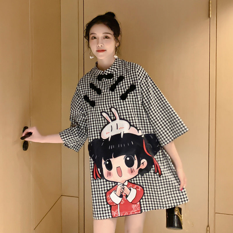 Plus size cute girl gingham cheongsam dress