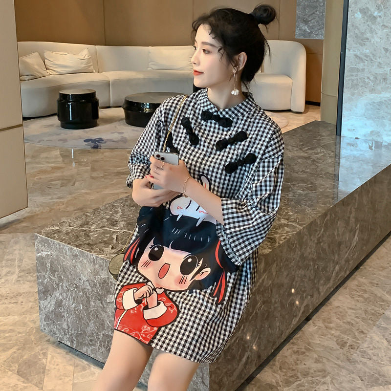 Plus size cute girl gingham cheongsam dress