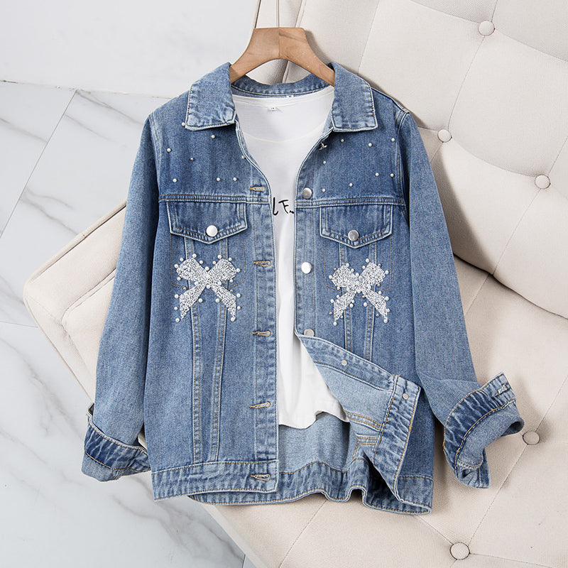 Plus size embellished ribbon pearl denim jacket