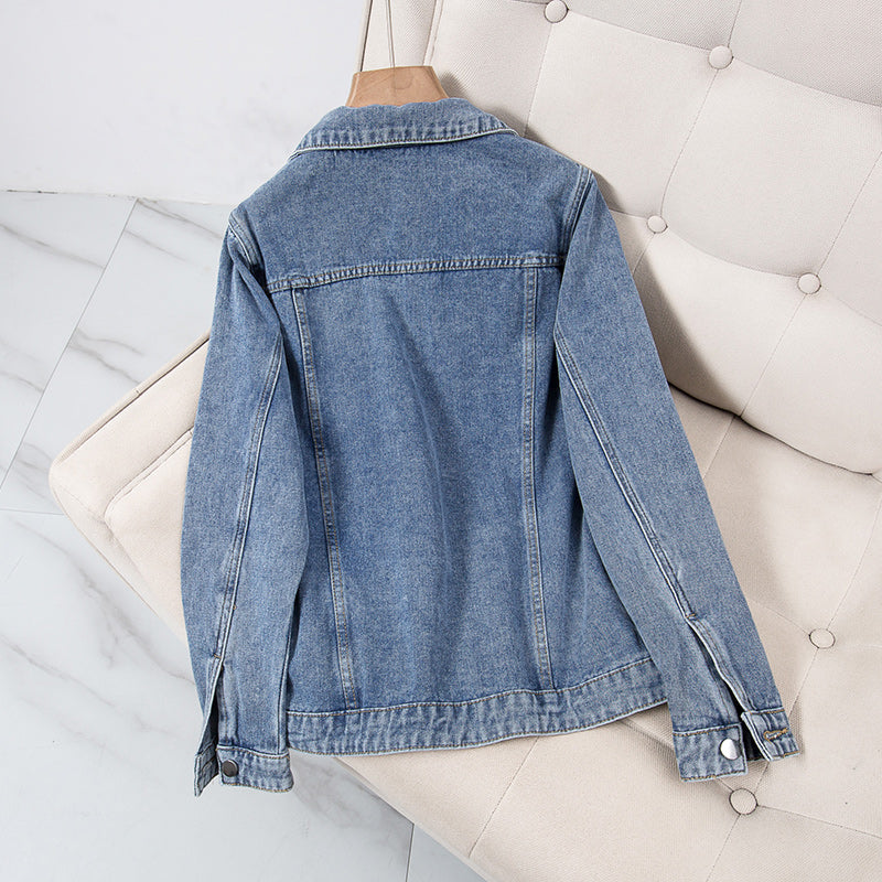 Plus size embellished ribbon pearl denim jacket