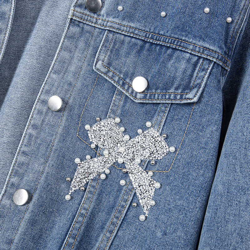 Plus size embellished ribbon pearl denim jacket