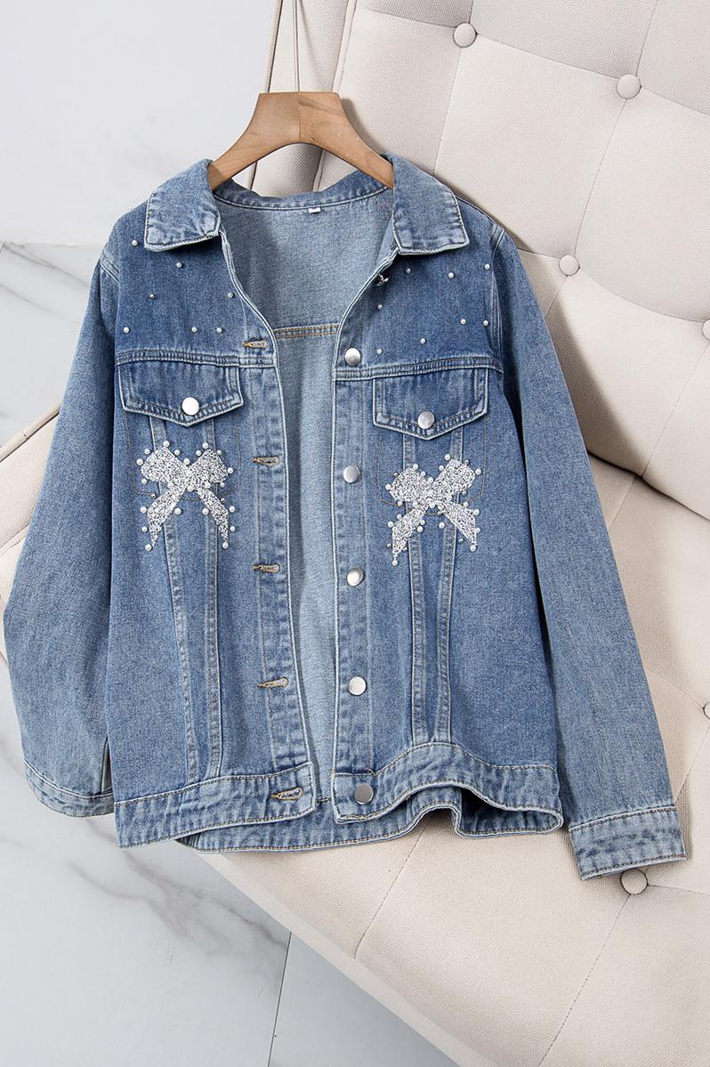 Plus size embellished ribbon pearl denim jacket