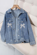 Plus size embellished ribbon pearl denim jacket