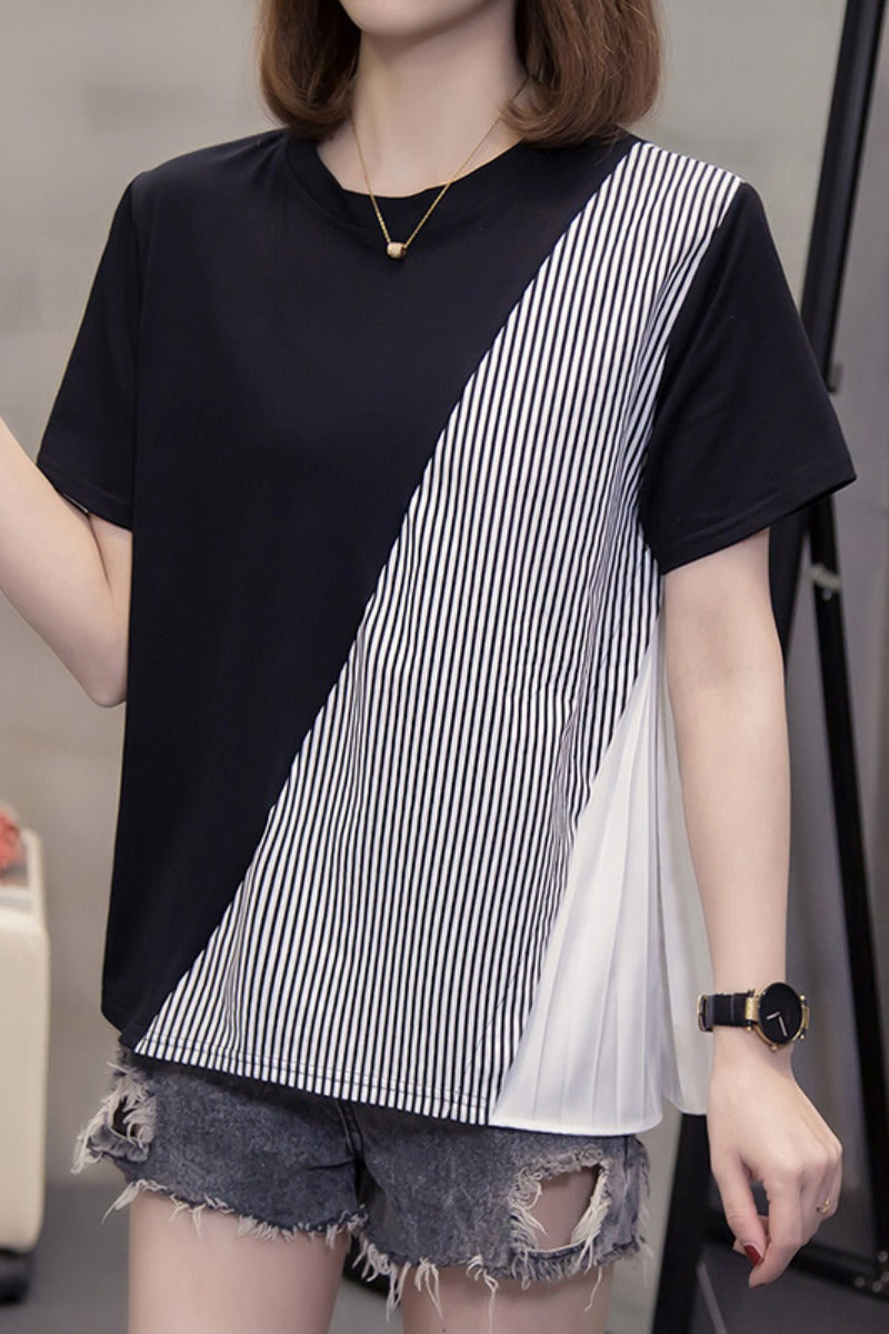 Plus size frill stripe loose blouse