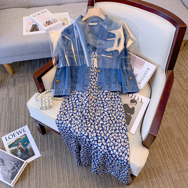 Plus size heart buttons denim jacket and cami dress set