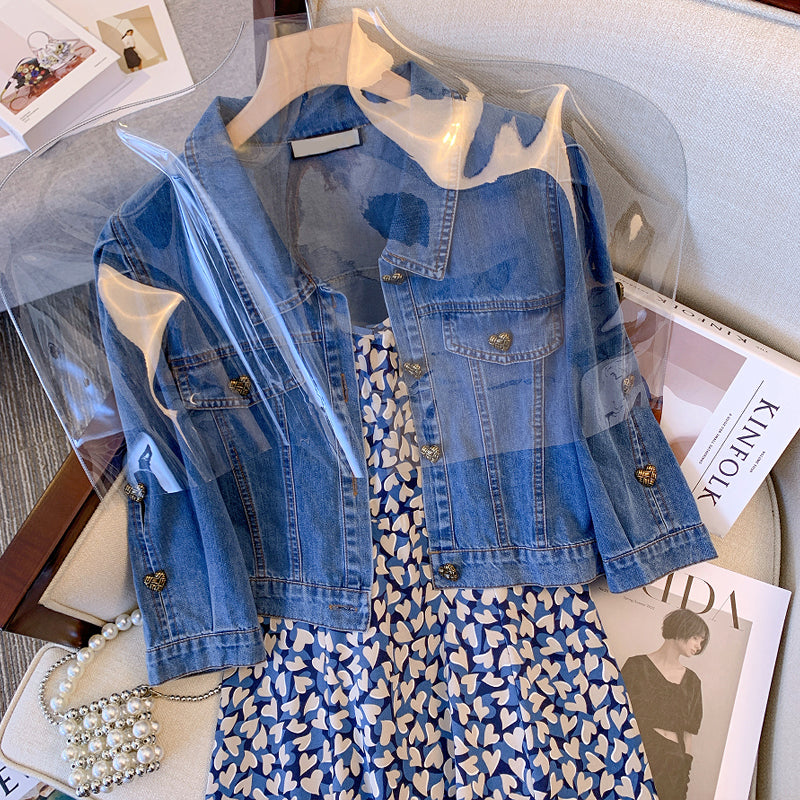 Plus size heart buttons denim jacket and cami dress set