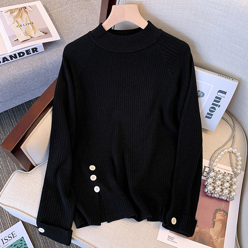 Plus size high neck korean thick button sweater