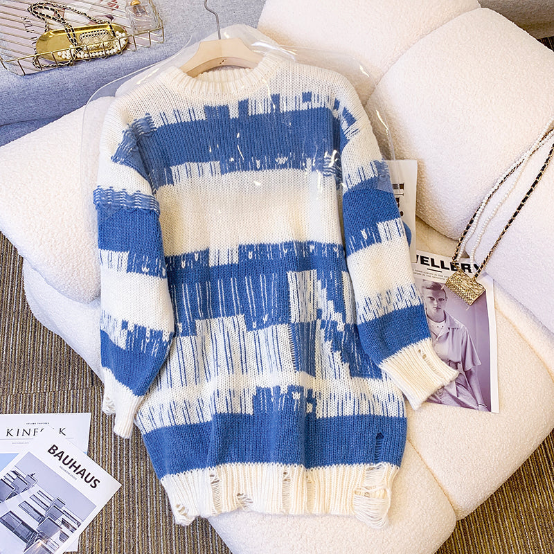 Plus size korean destroyed shapes stripe tunic sweater