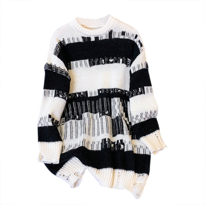 Plus size korean destroyed shapes stripe tunic sweater
