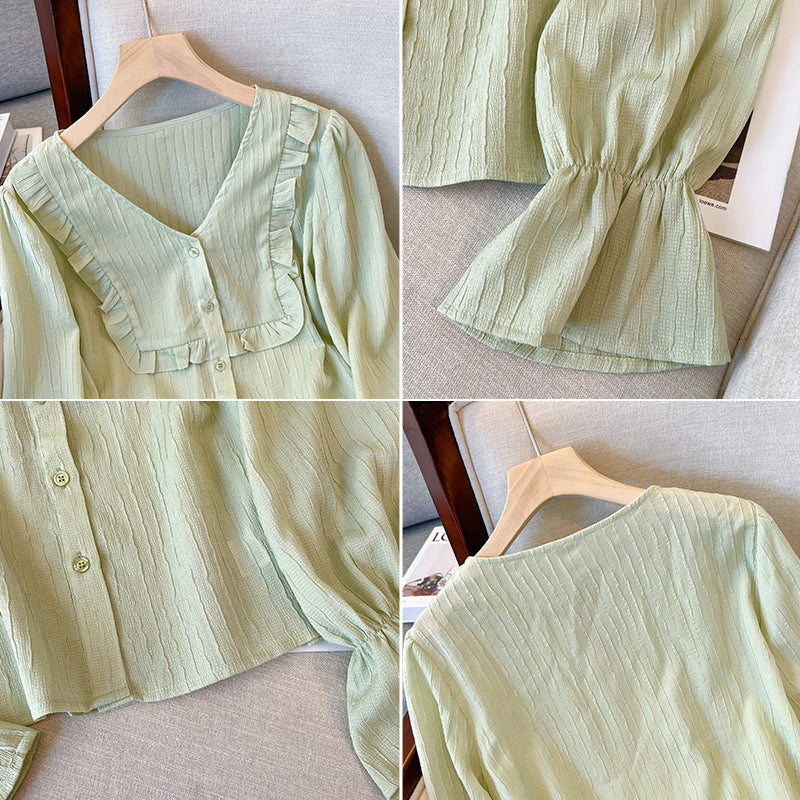 Plus size korean frill long sleeve blouse