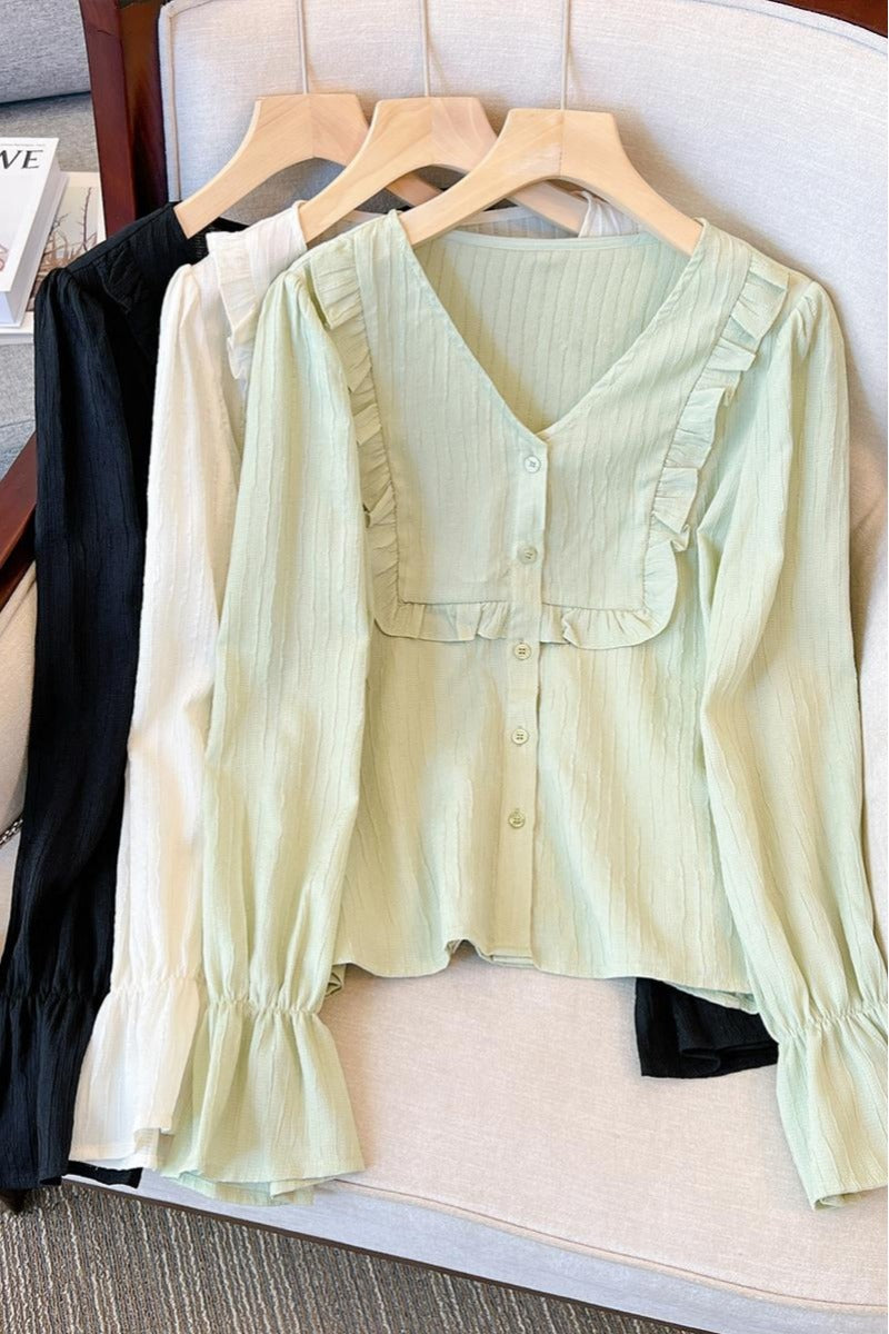 Plus size korean frill long sleeve blouse