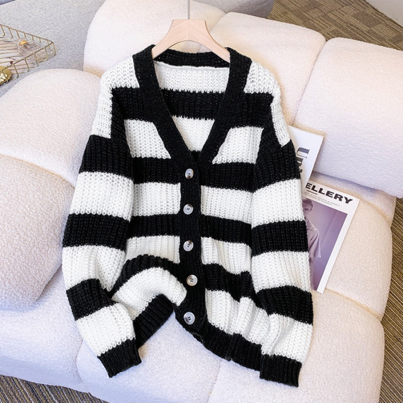 Plus size korean stripes thick tunic cardigan