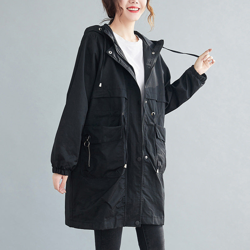 Plus size korean utility tunic jacket with hood