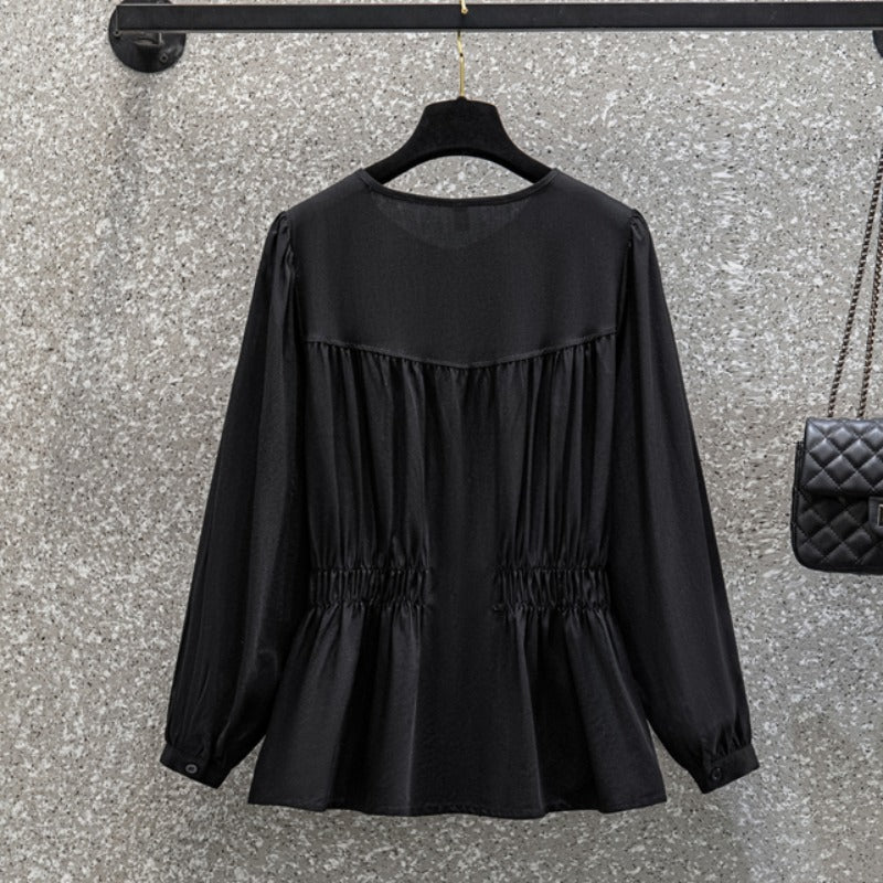 Plus size pleat waist long sleeve blouse