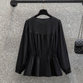 Plus size pleat waist long sleeve blouse