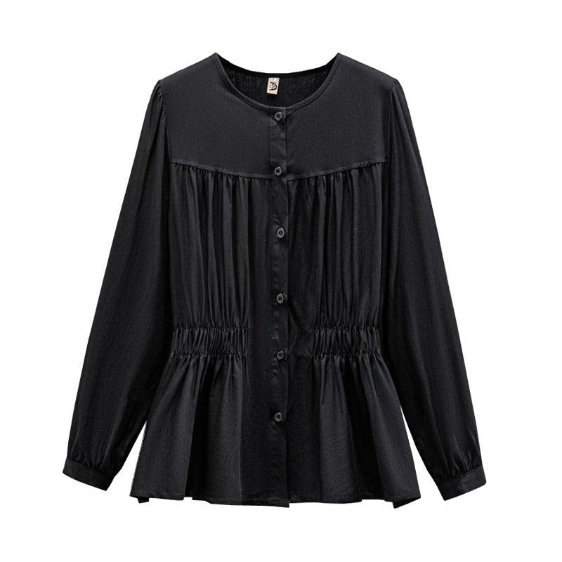 Plus size pleat waist long sleeve blouse