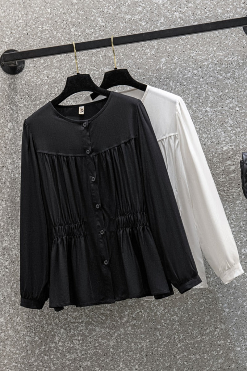 Plus size pleat waist long sleeve blouse