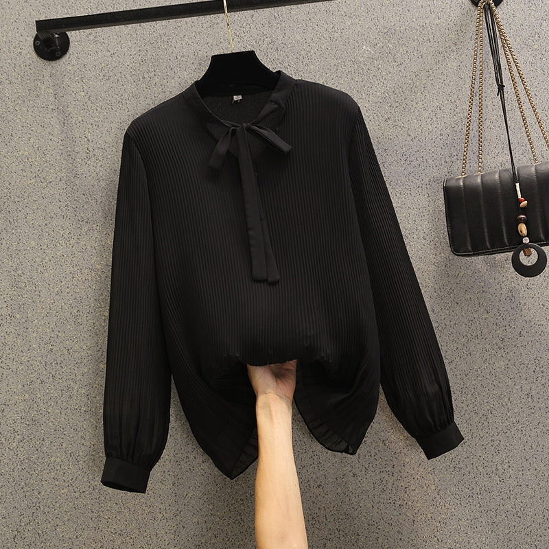 Plus size pussybow pleats long sleeve blouse