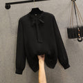 Plus size pussybow pleats long sleeve blouse