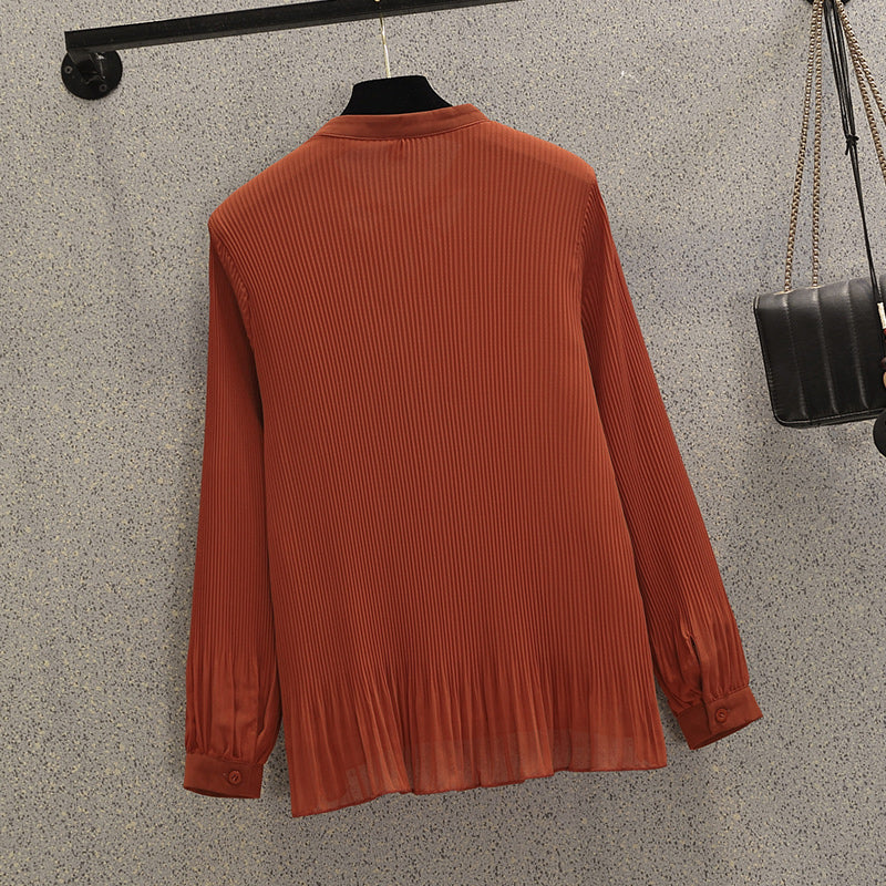 Plus size pussybow pleats long sleeve blouse