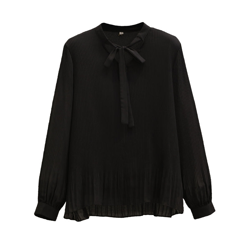 Plus size pussybow pleats long sleeve blouse