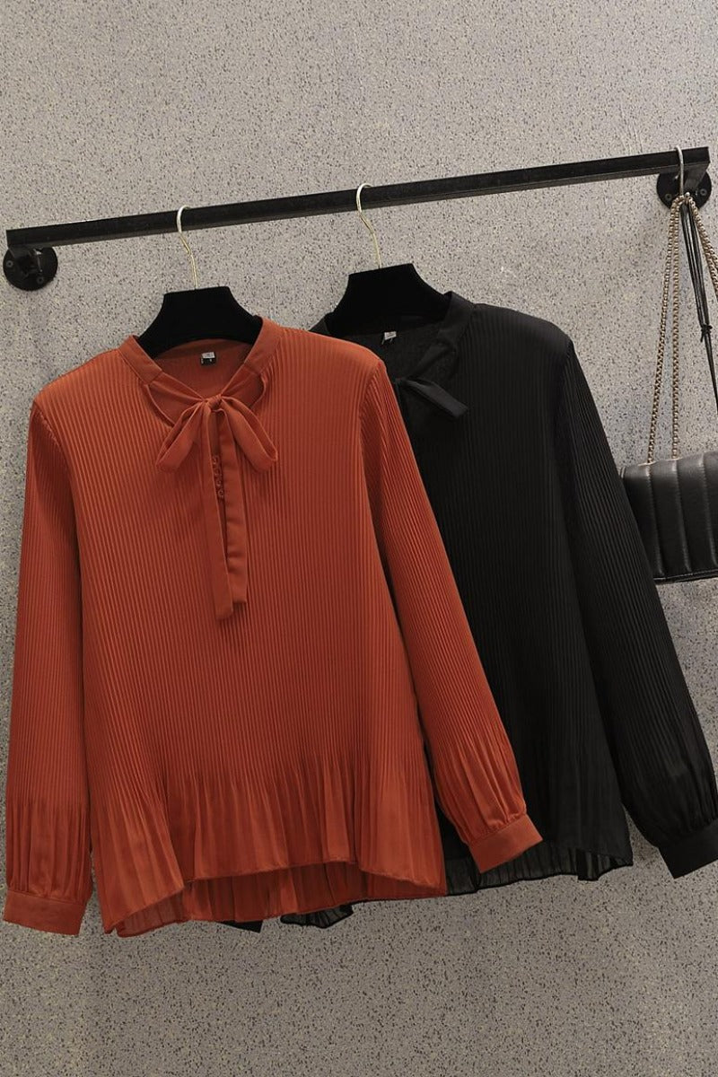 Plus size pussybow pleats long sleeve blouse