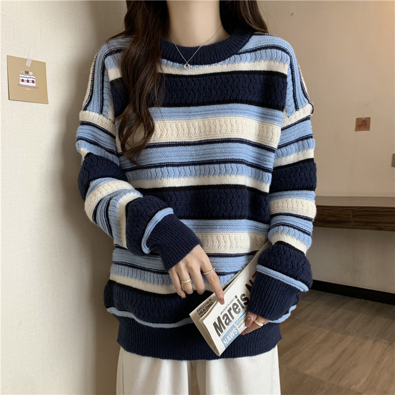 Plus size stripe cableknit blue stripe sweater