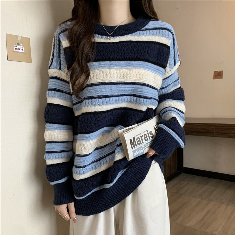 Plus size stripe cableknit blue stripe sweater