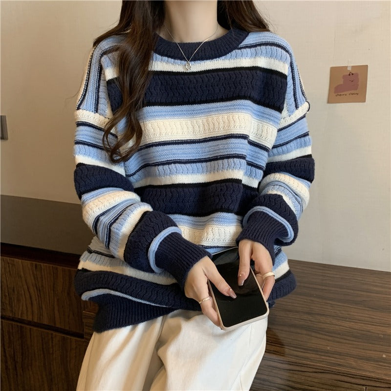 Plus size stripe cableknit blue stripe sweater