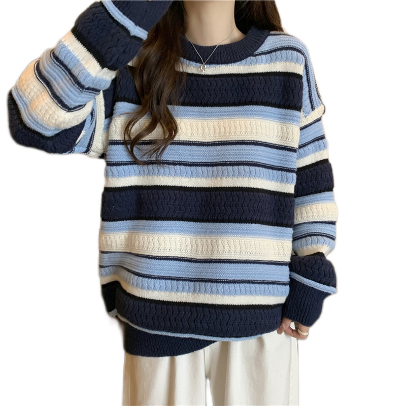 Plus size stripe cableknit blue stripe sweater