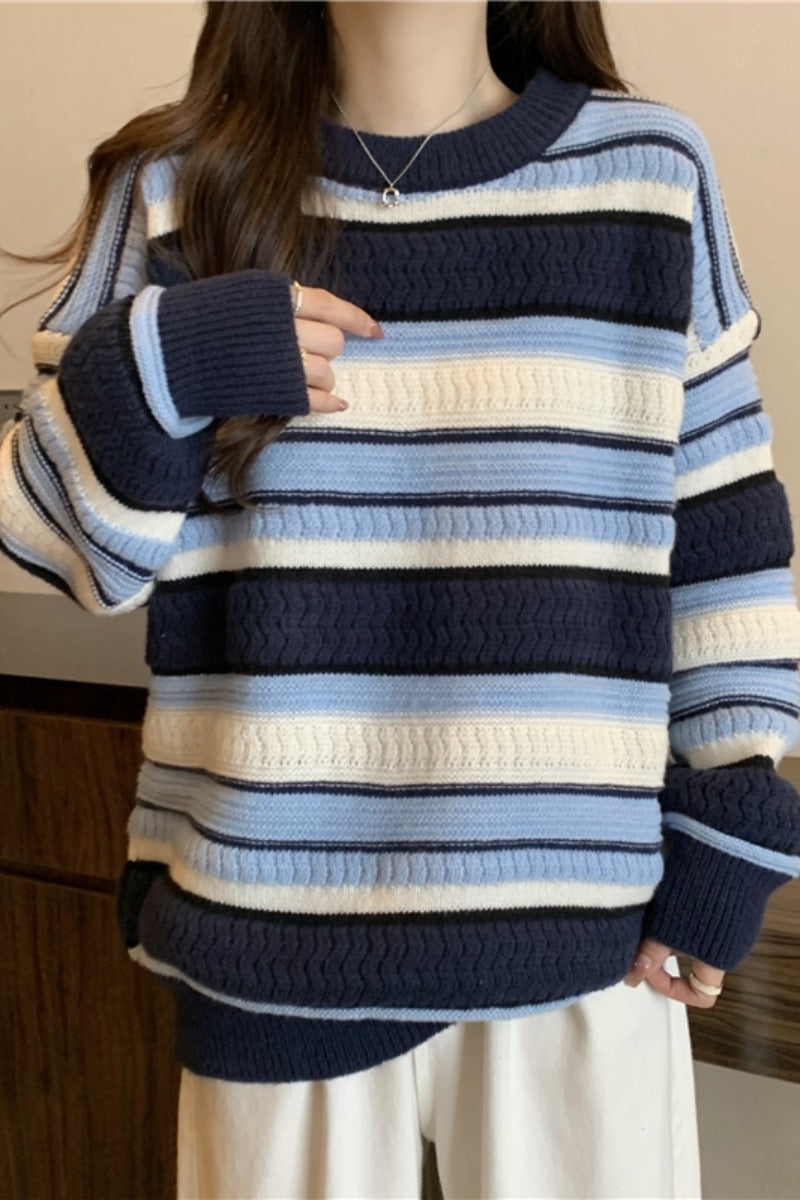 Plus size stripe cableknit blue stripe sweater